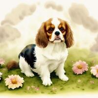 A beautiful Cavalier King Charles Spaniel dog. Watercolor painting. Graceful Elegance. photo