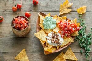 Cheese nachos with different types of sauce photo