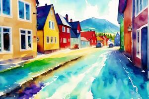 A watercolor town. Nordic Serenity, Watercolor Painting of a Scandinavian Town. photo