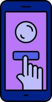 mano hacer clic moneda mediante teléfono inteligente para en línea pago azul y púrpura icono. vector