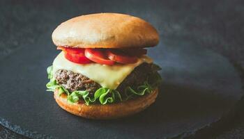 Hamburger on the black stone board photo