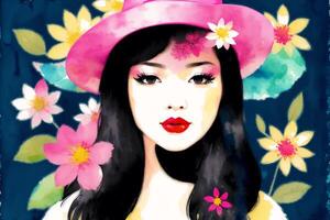 An illustration of a young asian woman. Silhouette. Watercolor paint. photo