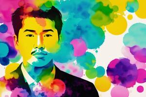 An illustration of a young asian man. Silhouette. Watercolor paint. photo