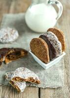 Glazed gingerbread cakes with pitcher of milk photo