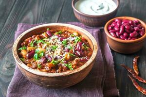 Bowl of chili con carne photo