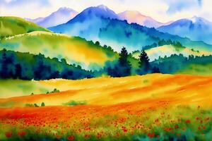 A beautiful scenery. Serene Summer Mountains. A Breathtaking Watercolor Scenery. photo