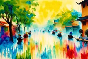 A watercolor town. Colors of Thailand. Watercolor Painting of a Thai Town. photo