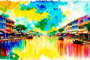 A watercolor town. Colors of Thailand. Watercolor Painting of a Thai Town. photo