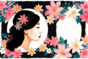 An illustration of a young asian woman. Silhouette. Watercolor paint. photo