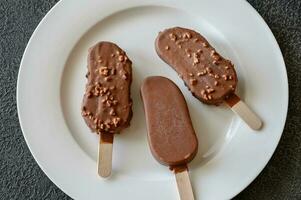 Chocolate-covered vanilla ice cream bars photo