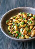 Portion of cashew shrimp stir-fry photo