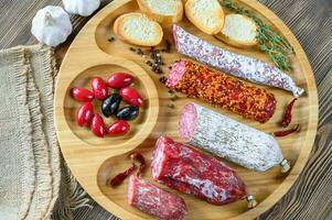 Assortment of salami with appetizers photo