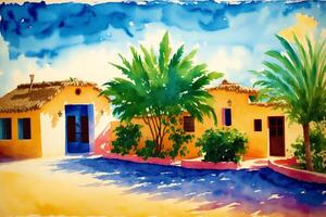 A watercolor town. Enchanting Mexican Delights. Watercolor Painting of a Vibrant Town. photo