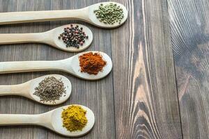 Assortment of spices on the wooden spoons photo