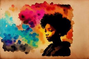 negro historia mes. un ilustración de un pequeño negro muchacha. silueta. acuarela pintar. generativo ai foto