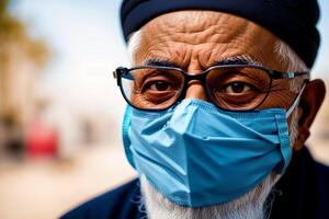 An old muslim man wearing protective mask. COVID 19. Mask-Wearing with Confidence. photo