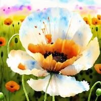 Summer concept. Beautiful watercolor Poppies. A radiant Poppies. Natures Beauty. photo
