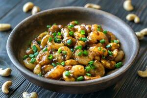 Portion of cashew shrimp stir-fry photo