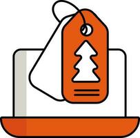 Navidad etiqueta con ordenador portátil icono en naranja y blanco color. vector