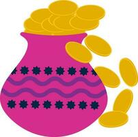 Full Of Golden Coin Clay Pot Pink Icon. vector