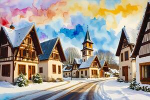 A watercolor town. Germany, Austria. Watercolor Painting of a German or Austrian Town. photo