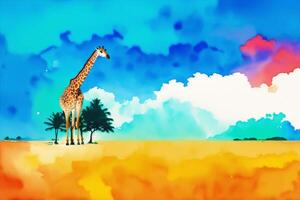 A colorful painting of a giraffe on abstract watercolor background. Watercolor paint. photo