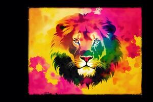 An Illustration of a lion on abstract watercolor background. Watercolor paint. Digital art, photo