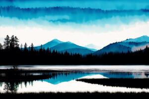 A painting of a lake on the watercolor background. Watercolor paint. Digital art, photo