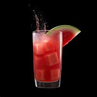 Refreshing cocktail with watermelon juice on black background garnished with chunk of watermelon. Close-up of fresh watermelon smoothie with watermelon pieces. photo