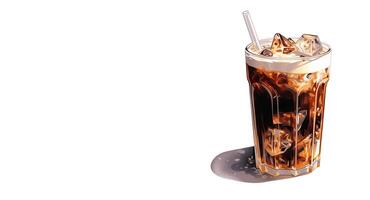 Iced Greek coffee frappe with ice cubes on white background. Cold coffee sketch with copy space. Banner for coffee advertising, or a template for a coffee menu. photo