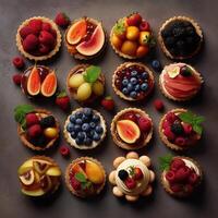 A set of various tartlets with cream cheese, berries and exotic fruits. photo