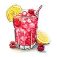 Raspberry lemonade with ice cubes and lemon slices on white background. Watercolor sketch. Summer cold drink with raspberries. . photo