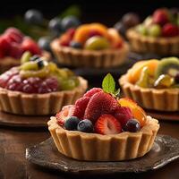 Tartlets with fruits and berries. bokeh background. photo