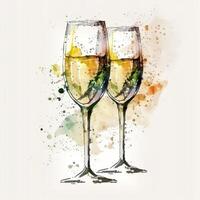 Grunge von two glasses of sparkling wine. Splashes on a white background. photo