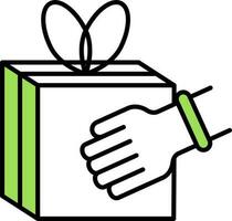 Hand Holding Box Icon In Green And White Color. vector