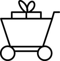 Shopping Cart With Gift Box Icon In Black Outline. vector