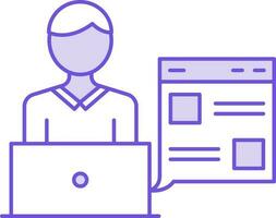 User Working On Laptop Icon In Purple And White Color. vector