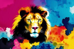 An Illustration of a lion on abstract watercolor background. Watercolor paint. Digital art, photo