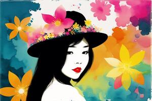 An illustration of a young asian woman. Silhouette. Watercolor paint. photo