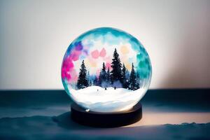 A painting of a snow globe with a snowy scene on the watercolor background. Watercolor paint. Digital art, photo