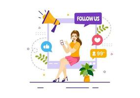 Follow Us and Like Vector Illustration for Internet Advertisement of a Social Media Users Following an Interesting Page in Hand Drawn Templates