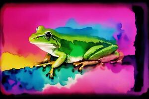 A colorful painting of a frog on abstract watercolor background. Watercolor paint. photo