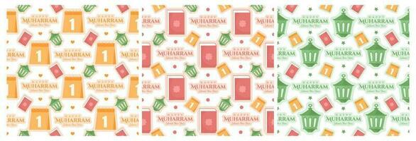 Set of Happy Islamic New Year Seamless Pattern Design Flat Illustration with Muslims Elements in Template Hand Drawn vector