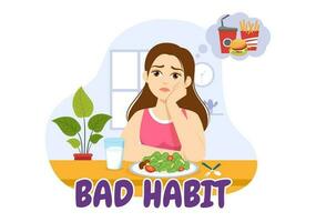 Bad Habit Vector Illustration with Unhealthy Lifestyle like Eating Fast Food or Alcohol Bottle in Flat Cartoon Hand Drawn Landing Page Templates