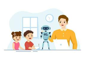 robótica colegio vector ilustración con niños robótico proyecto a programación y Ingenieria robot en plano dibujos animados mano dibujado aterrizaje página plantillas