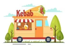 Kebab Vector Illustration with Stuffing Chicken or Beef Meat, Salad and Vegetables in Bread Tortilla Wrap in Flat Cartoon Hand Drawn Templates