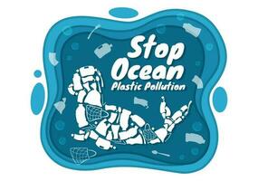 Stop Ocean Plastic Pollution Vector Illustration with Trash Under the Sea like a Waste Bag, Garbage and Bottle in Flat Cartoon Hand Drawn Templates