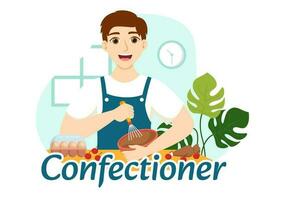 confitero vector ilustración con cocinero vistiendo delantal preparando postre, dulce productos y Pastelería en plano dibujos animados mano dibujado plantillas