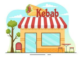 Kebab Vector Illustration with Stuffing Chicken or Beef Meat, Salad and Vegetables in Bread Tortilla Wrap in Flat Cartoon Hand Drawn Templates