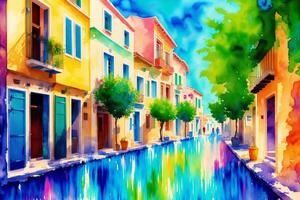 un acuarela ciudad. un Mediterráneo paraíso. acuarela pintura de un encantador griego ciudad. generativo ai foto